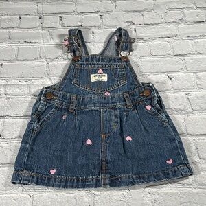 OshKosh B'gosh Blue Denim Jumper Overall Dress embroidered Pink Hearts size 18M